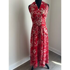 Oscar De La Renta Silk Halter Dress Red Floral Tropical Maxi Fit Flare Size 10